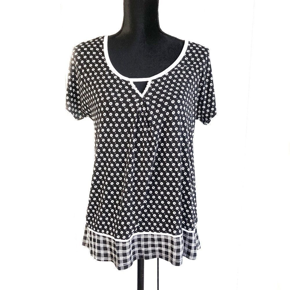 Kensie Top Round Neck Keyhole Black White Short Sleeve Plus Size Small